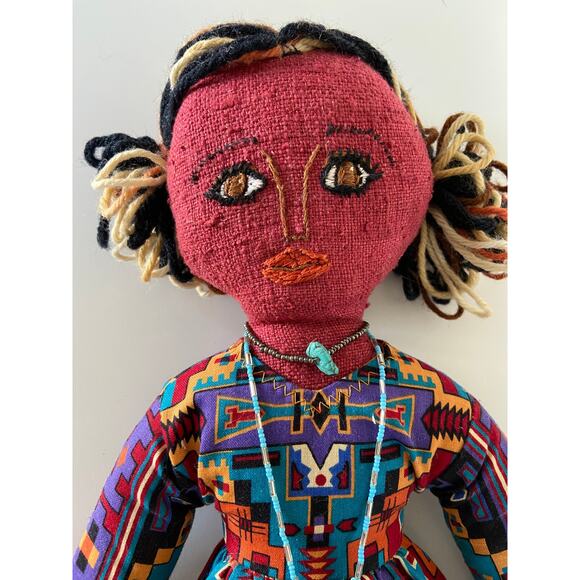 Handmade Boho Folk Art Beaded Red Purple & Blue Embroidered Yarn Hair Cloth Doll - Picture 3 of 7